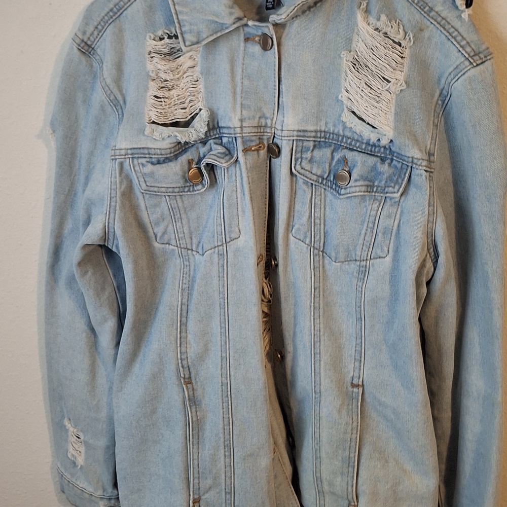 Fashion Nova Light Blue Distressed Jean Jacket